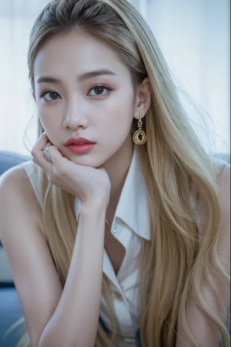 Blonde girl with earrings and white shirt posing for a photo, portrait of jossi of blackpink, captured on canon eos r 6, jaeyeon nam, roseanne park of blackpink, jossi of blackpink, sha xi, jimin, Jinyoung Shin, photographed in a Canon EOS R5, shot with Ca...