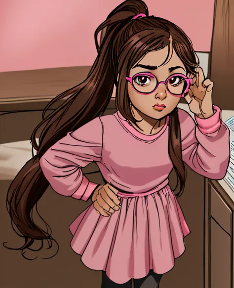 Arai is a 5-year-old European girl. light skin, brown hair and long hair with a high ponytail. brown eyes with pink rimmed glasses. She wears a pink dress with gray tights. She is standing dressing in warm clothes in the home office