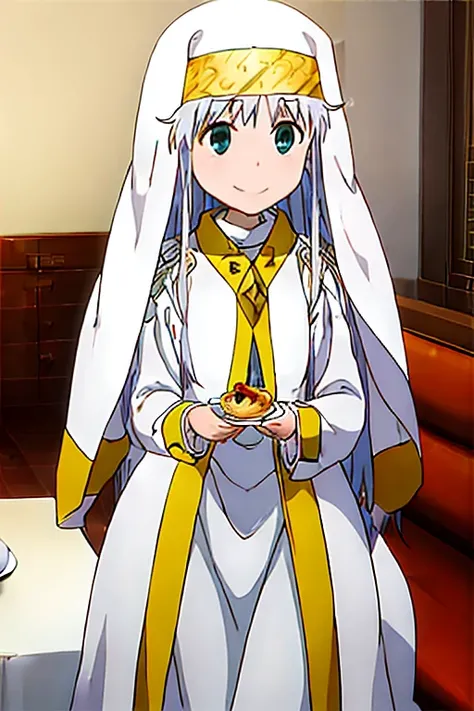 ​masterpiece, 1girl, index (A Certain Magic Index), cute little, top-quality, silber hair, veils, is standing, (maid clothes), frilly dress, Food on the table,spaghetti， Be confident, I&#39;m proud, a smile, during a meal, happiness, top-quality, animesque...