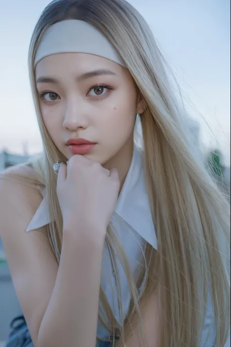 Blonde girl with earrings and white shirt posing for a photo, portrait of jossi of blackpink, captured on canon eos r 6, jaeyeon nam, roseanne park of blackpink, jossi of blackpink, sha xi, jimin, Jinyoung Shin, photographed in a Canon EOS R5, shot with Ca...