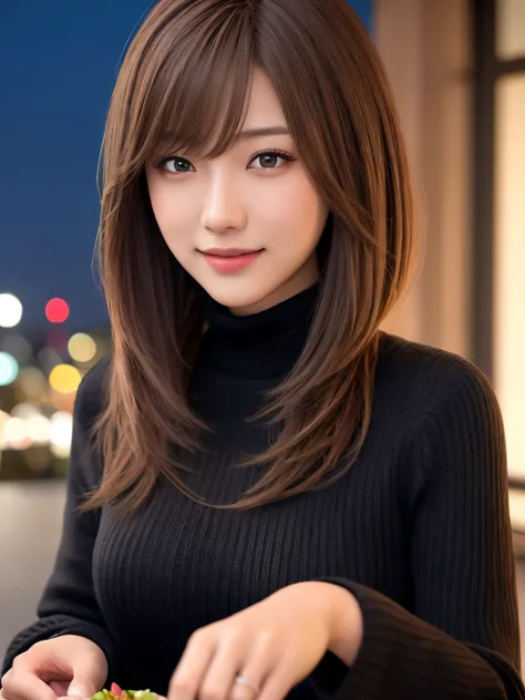 Product quality, 1 girl per 1 photo, Cowboy Shot, Front view, a Japanese young pretty girl, Bob hair, Wearing Wedding Rings, At night, Have dinner at a high-end British restaurant with a big smile on your face, Wearing a long-sleeved black knit turtleneck ...