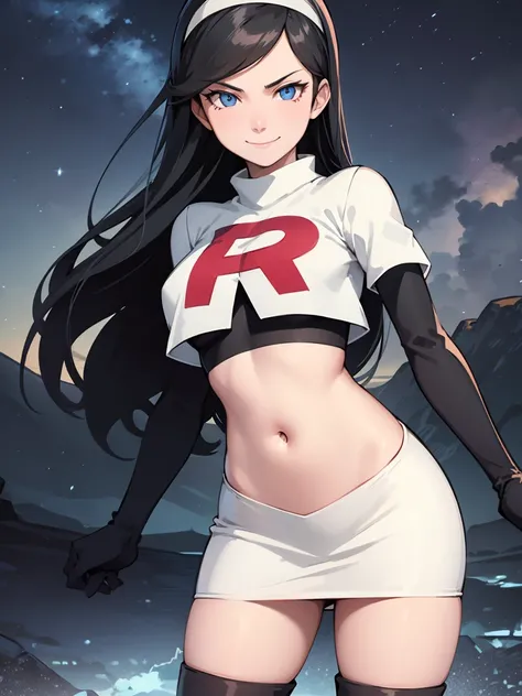 kumashiro maya, hairband, black hair, blue eyes, team rocket uniform, red letter R, white skirt,white crop top,black thigh-high boots, black elbow gloves, smile, looking at viewer, cowboy shot, sexy pose, night sky background