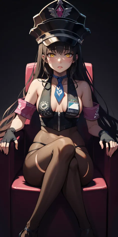 anatomically correct, best quality, masterpiece, high quality, high details, highres, HD, (shaded face:1.2), hollow eyes, yellow eyes, looking at viewer, embarrassed, blush face, lips, karin, dark skin, long hair, black hair, yellow eyes, outfit-sess, torn...