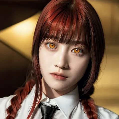 masterpiece, (photorealistic:1.4), best quality, beautiful lighting,
(ulzzang-6500:0.5), makima (chainsaw man), (red hair)+(long braided hair)+(bangs), yellow eyes, golden eyes, ((ringed eyes)), (white shirt), (necktie),
RAW photo, 8k uhd, film grain,HDR,4...