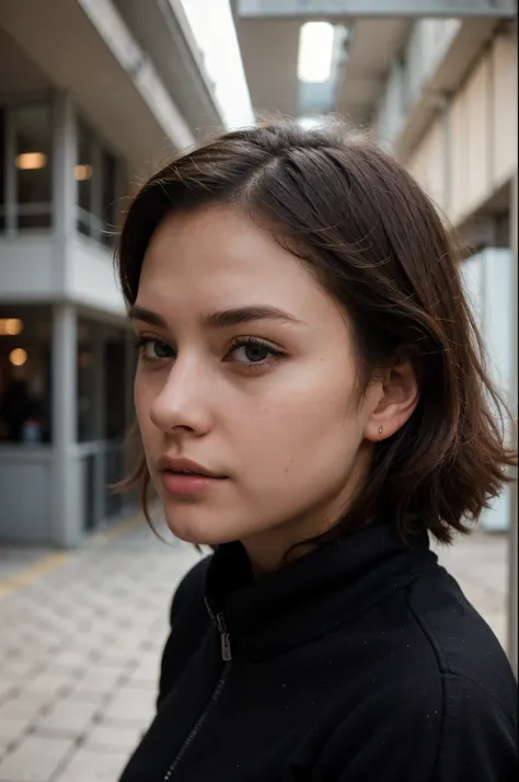 photography of a 20yo woman, perfect face, masterpiece, black_pullover, jacket, black_jeans, close to face, profile picture, close, same face, fully clothed, no brand, seductive,