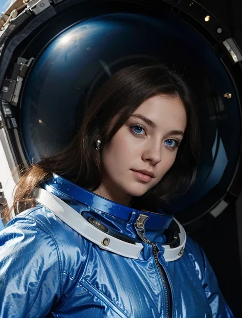 Brunette Blue Eyes Rebecca in space wearing a spacesuit, floating, in the background you can see the earth