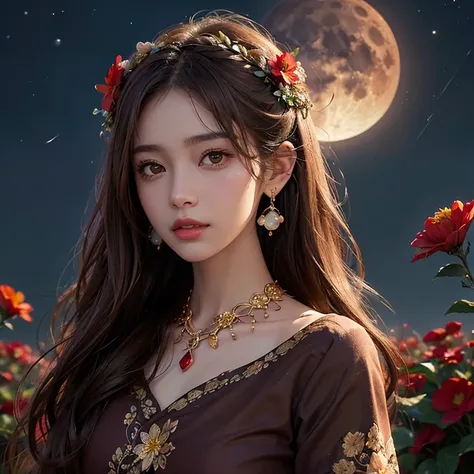 1girl, blurry, blurry_background, brown_eyes, brown_hair, depth_of_field, earrings, flower, full_moon, hair_flower, hair_ornament, lips, looking_at_viewer, moon, moonlight, night, night_sky, outdoors, red_flower, red_moon, sky, solo