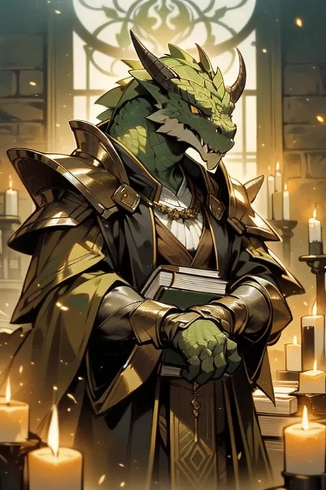 beautifull green dragonborn, solo, green eyes, male, standing, male focus, striaght black horns, teeth, indoors, green and gold robes, book, glowing, sharp teeth, gauntlets, shoulder armor, green amulet, candle , ((masterpiece, best quality)), muscle