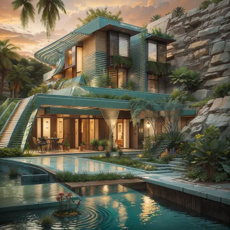 tribal style，Utopian，afofuturism，Postmodern，Villas，an outside garden, Stone road, the sunset,