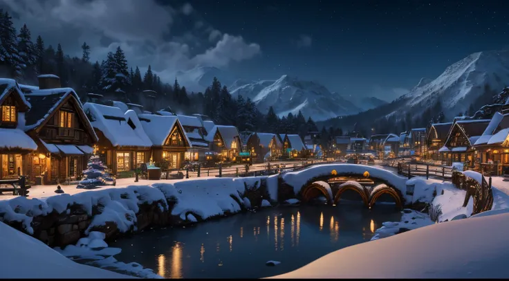 ((masterpiece)), (8k, high_resolution), (best quality), ultra-detailed, snowfall, snowy village with a train and a christmas tree in the middle, winter concept art, blizzard hearthstone concept art, background artwork, stylized concept art, town background...