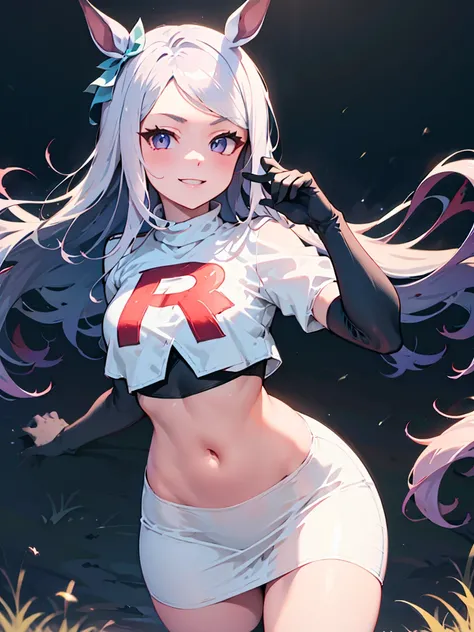 MejiroMcQueen, Mejiro McQueen(umamusume), silver hair, long hair, horse ears, horse girl,  team rocket uniform, red letter R, white skirt,white crop top,black thigh-high boots, black elbow gloves, smile, looking at viewer, cowboy shot, sexy pose, night sky...