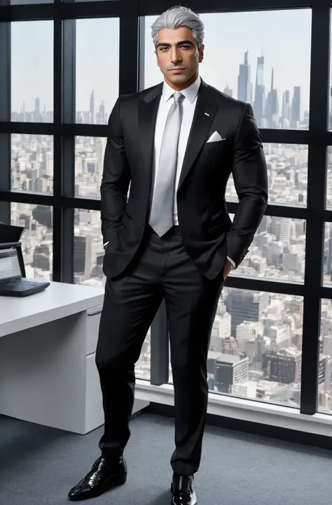 An attractive, muscular, and confident Middle Eastern man with grey hair sits powerfully in his office, donning a sleek black business suit with a white tie. Windows frame a stunning cityscape behind him. Full body shot of a 35 year old male, with a slight...