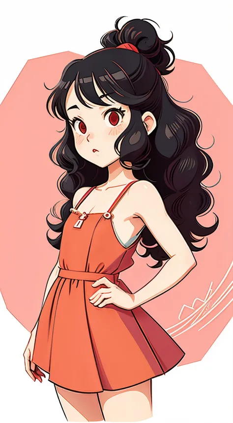 Cartoon Girl, lofi-girl, Inspired by Yumeji Takehisa, Cartoon vector style, change, Retro anime girl, lamplight!, Avatar picture, Wavy curly hair。Twist braids。Red slip dress。, Flat anime style, Cartoon minimalism, Flat vector art, flatillustration, Cartoon...