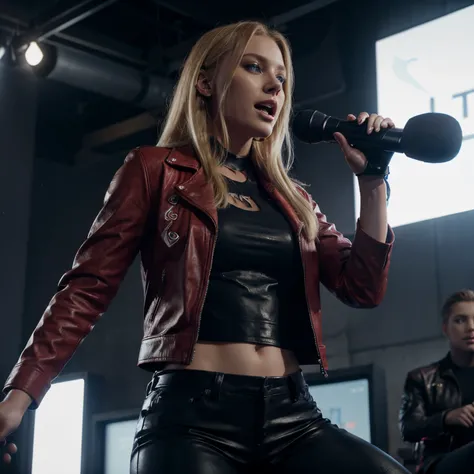 Blonde woman, blue eyes, singing with a microphone, red leather jacket, black pants, perfect body, ultra-realistic HD, 8K render, realistic, cinematic, photorealistic, Unreal Engine 5, bright sunny day, full screen.