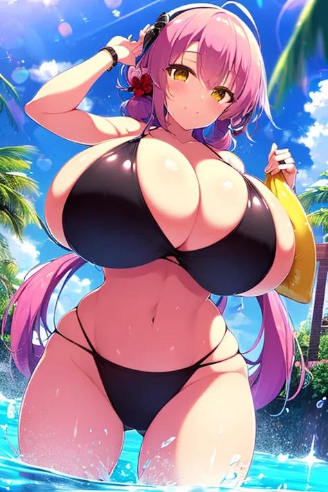 Pink skin, yellow eyes, Black sclera, horn, with pink hair, Huge cleavage, bathing suit