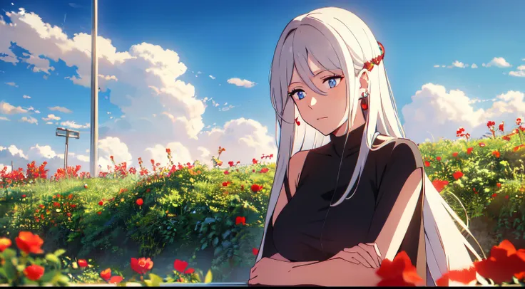 masterpiece, best quality, 1lady, solo, really long hair, white hair, (red flowers hair ornament), light blue eyes, earrings, day, Vast sky, beautiful skyline, black sleeveless turtleneck, off shoulder red open jacket, calm