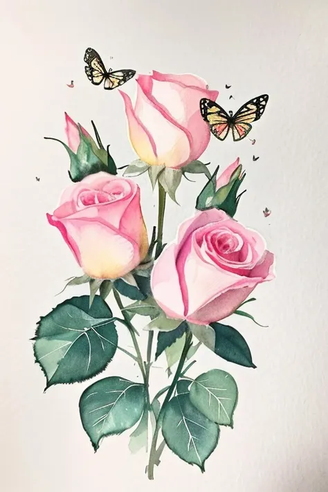 Watercolor style: The soft pink and cream roses are in full bloom.、Graceful butterflies dance around。