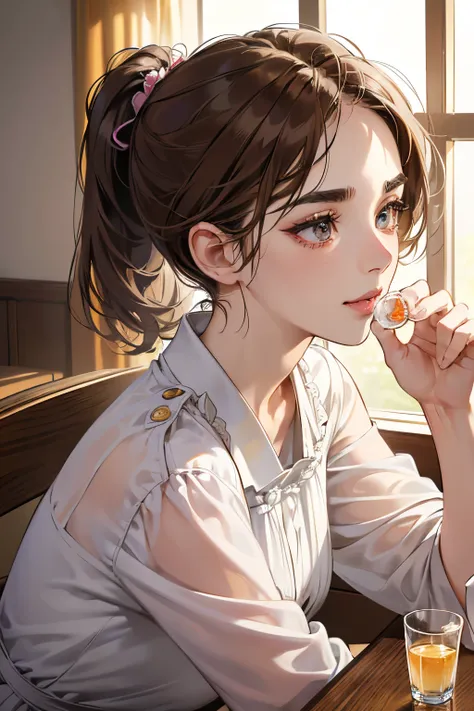 (masutepiece, Digital Art, Digital Illustration, 4K, 8K, Ultra-detailed, beautiful image, Sharp Image, Photorealistic, Raw photo, Perfect face, Perfect lines, Perfect eyes, Soft lighting) 1 woman, (lightbrown hair,Chignon Hair,Innocent look,drooping eyebro...