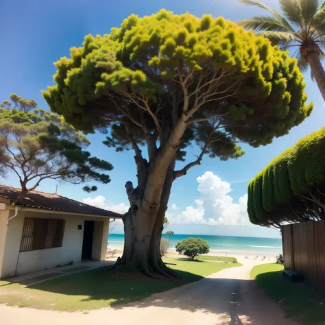 dia de sol em um quintal enorme com muita grama e uma arvore no fundo