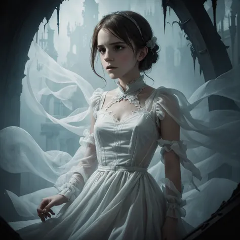 ghostlystyle, Emma Watson, ghostly mist, (transparent, floating), gothic horror, tattered ghostly clothes, white dress, full body, trapped in a haunted oil painting, hyperrealism, ghostly, trapped, (scared, panicked,, horrified), peter mohrbacher, pierre t...