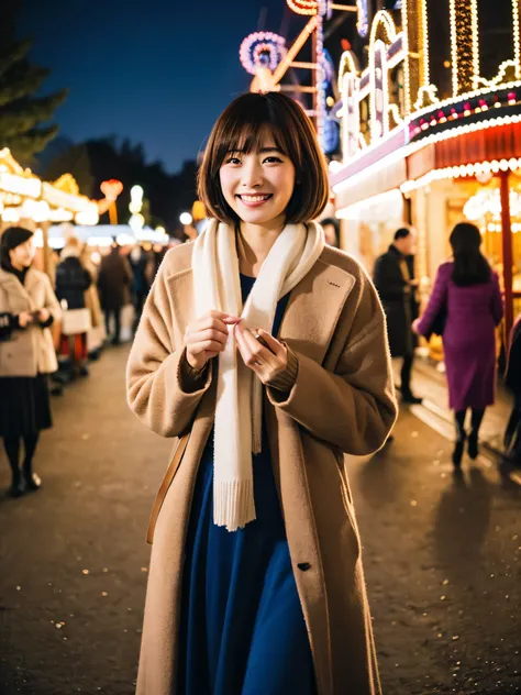 high-level image quality、Photo Quality、A hyper-realistic、Japanese woman with berry short cut、Hairstyle is 2 blocks、she wears a long coat over the knit、I wear a long skirt, Wrap the muffler loosely around your neck.、A woman is holding out her hand towards m...