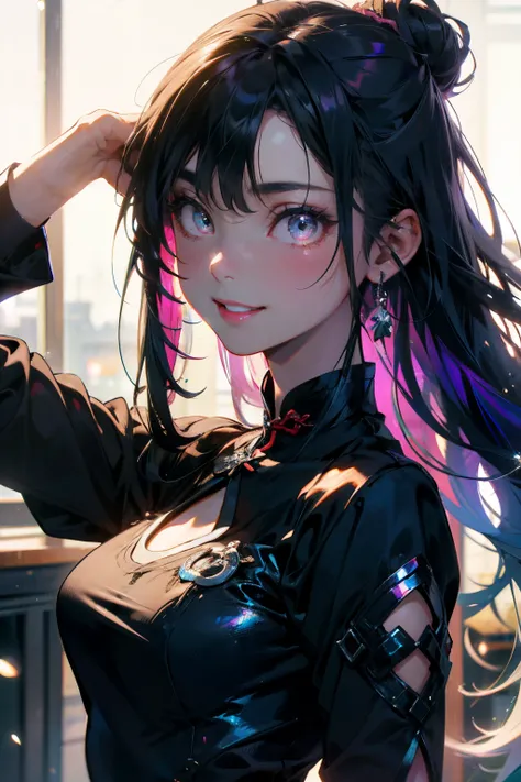 a 20 yo woman、Black blue Hair、poneyTail、Bun hair、Big smile、Iridescent eyes、(hi-top fade:1.3)、dark themed、Muted Tones、Subdued Color、highly contrast、qipao dress、(natural skin textures、Hyper-Realism、Soft light、sharp)