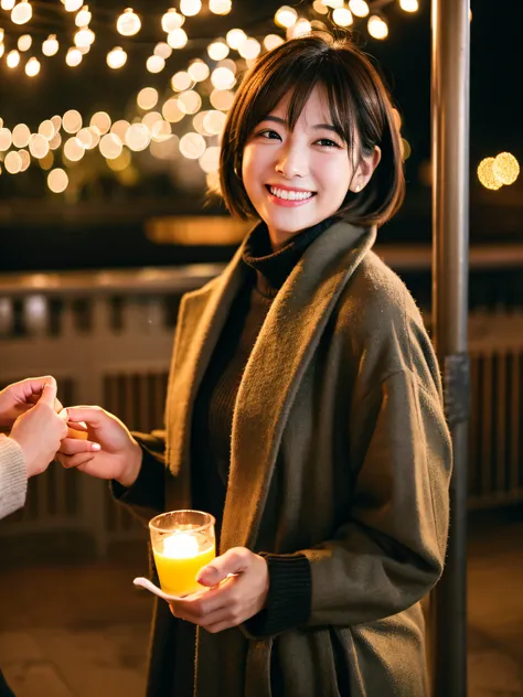 high-level image quality、Photo Quality、A hyper-realistic、Japanese woman with berry short cut、Hairstyle is 2 blocks、she wears a long coat over the knit、I wear a long skirt, Wrap the muffler loosely around your neck.、A woman is holding out her hand towards m...