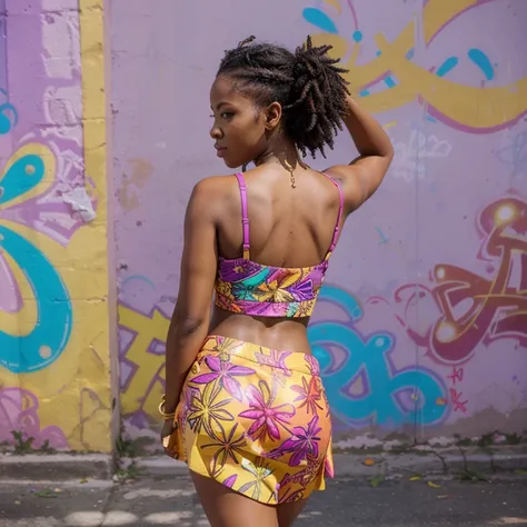 "Capture the vibrant essence of a Caribbean beauty in this image . Showcase a curvaceous woman with pixie locs, dressed in a colorful tropical print crop top and a short purple skirt. Adorned in gold and diamond jewelry, wearing stylish purple Jordan sneak...