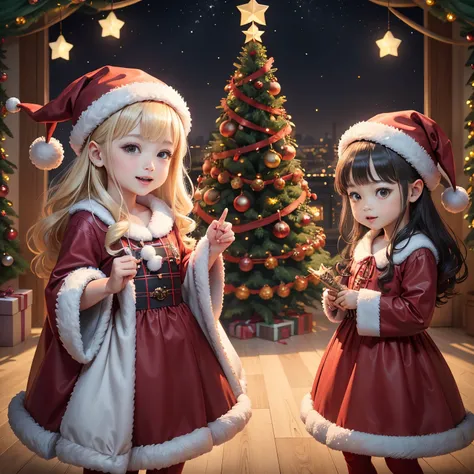 Comical and cute little monsters will be your friends.、.超A high resolution、An ultra-high picture quality、8K、Detailed details、marvelous expression、Many children are enjoying the party together、Santa Claus Costume、Christmas tree and party venue background、