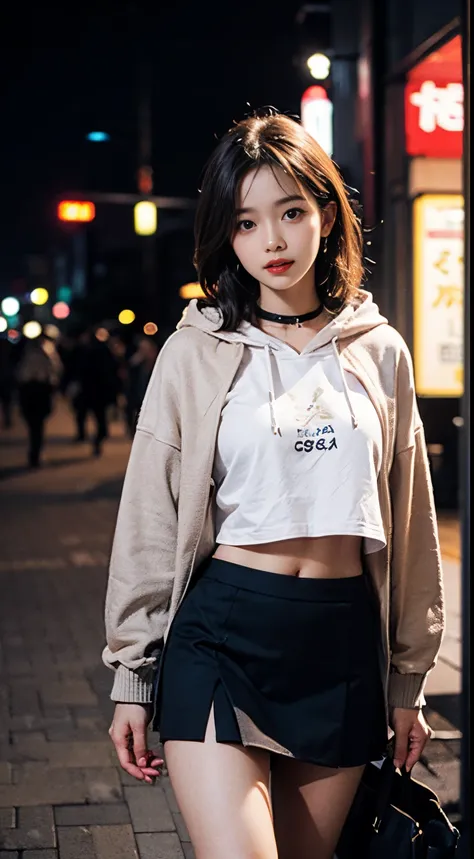 ((8K))，Film photography, 1 girl, (hoody:1.2), (short  skirt), upper legs, navel，choker necklace, ear nipple ring, Seductive smile, middlebreast, Full body lesbian, drunk blush:1.5, Black shoulder length wavy hair, serene, chill out, (Realistic and detailed...