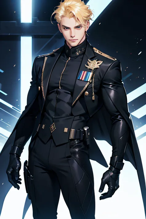 man, masculine man, blond hair, muscular man, futuristic clothes, tight suit, black suit, military suit, charming