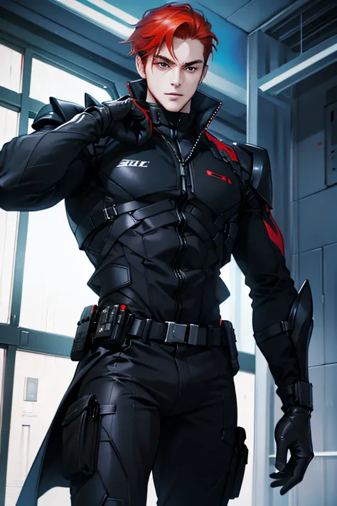 man, masculine man, red hair, futuristic clothes, tight suit, black suit, black suit, black clothes, military suit, charming, freckles