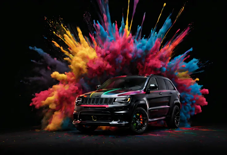 Jeep Grand Cherokee TRACKHAWK noir, dans un studio photo, avec un fond noir, avec une explosion de peinture multicolore sur la voiture, 4K quality, high-definition