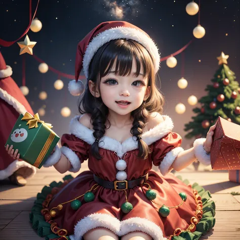 Comical and cute little monsters will be your friends.、.超A high resolution、An ultra-high picture quality、8K、Detailed details、marvelous expression、Many children are enjoying the party together、Santa Claus Costume、Christmas tree and party venue background、