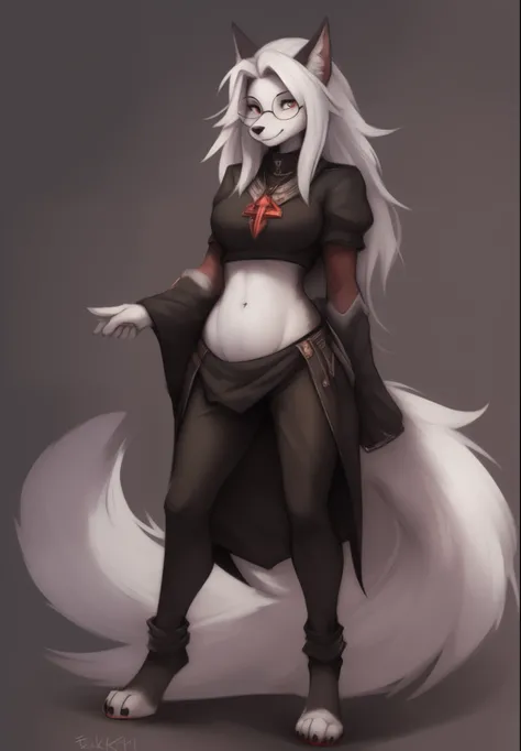 by Zackary911, by Kenket, by Kilinah, by fluff-kevlar, anthro, mommy female loona hellhound, solo, long white hair, full body, one big tail, dark background. dark priest with balck and red cloack open belly, round glasses, full body concept, realism, refer...