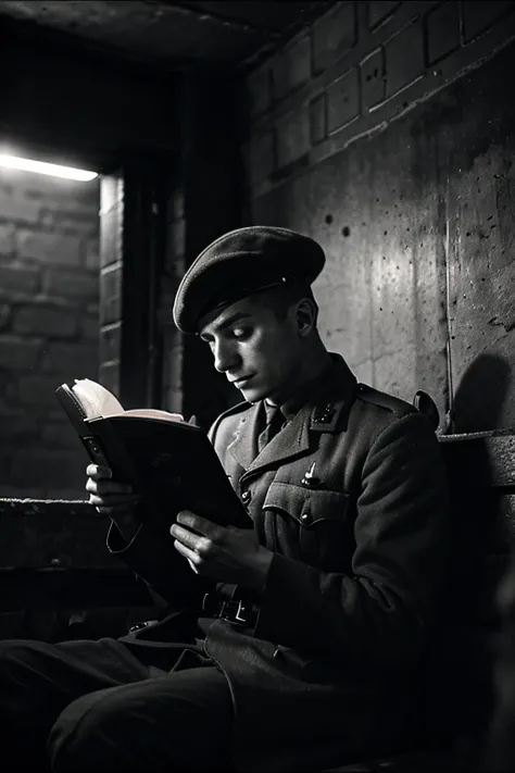 WW1, grainy_photo, monochrome, photo, soldier_reading_book, dugout