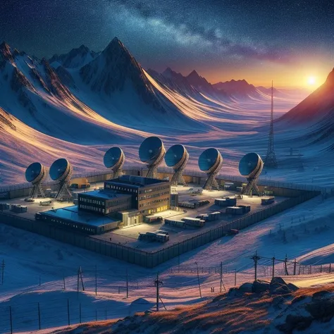 (Science fiction, Planet Medlana, Luxor solar system, 2375, efficient space tracking station for objects in the solar system and beyond) Mountain plateau, clear starry sky, sunset, 120 radio radar dishes are located throughout the plateau, in the middle of...