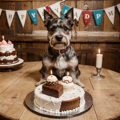 Salt & pepper mini schnauzer with a cake and 1 candle and cake saying happy birthday to rosita