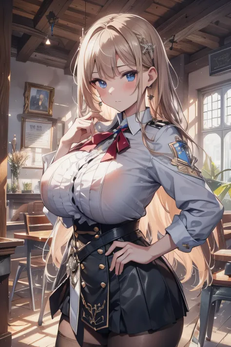 siegreich, absurd, 8K, high resolution, Ultra-detailliert, beautiful, Meisterwerk, best quality, very pretty woman, Sexy Schuluniform, taillenhoher Rock, Ohrringe, Strumpfhose, detailliertes Frauengesicht, Sehr attraktiv, (very large breasts:1.2),