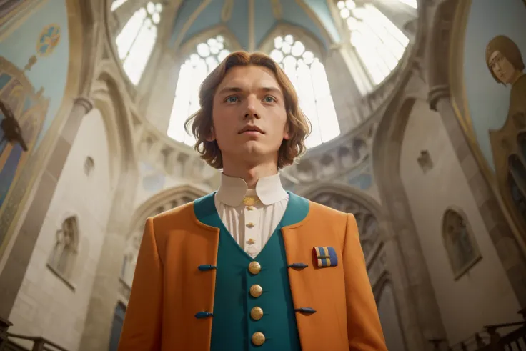 1135, England. scene with an otherworldly cathedral, 14-year-old Sam Heughan with long colorful tunics look up at the dome in awe, ((((clothing from the 12th century)))), ((Hairstyle of the 12th century)), ((Wes Anderson cinematic style)), colorful