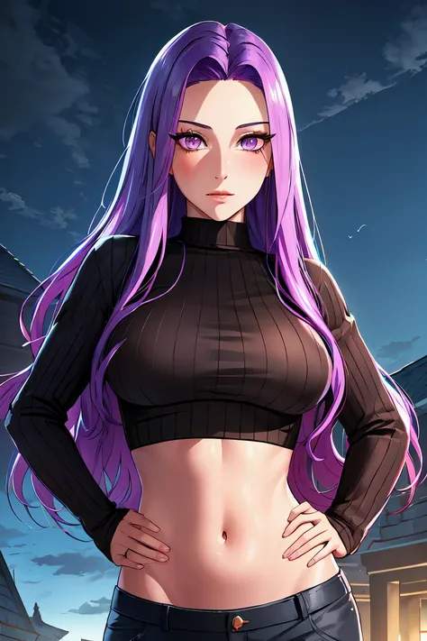 (fantasy-style), ((detailed hair, detailed eyelashes, bangs)),
manhwa-scenery, 1girl, black sweater, blue sky, blush, breasts, cloud, contrapposto, cowboy shot, crop top, day, fingernails, forehead,  hand on own hip, large breasts, long hair, long sleeves,...