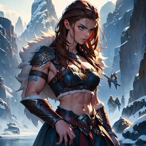 ​masterpiece, Best Quality, detailed, Cinematics, 4k, Background with:Viking buildings built on snowy fjord cliffs, Fierce viking woman warrior wearing armor and fur coat with rune tattoos