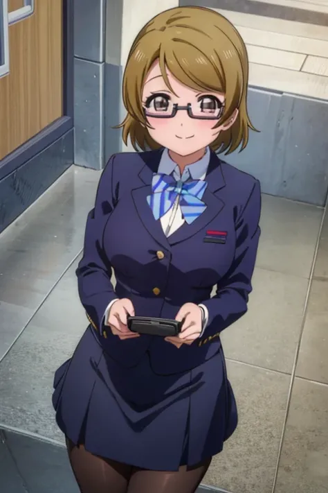 (((pixel perfect, Detail Perfect))), Solo, 1girl in, Hanayo Koizumi, School uniform, Looking at Viewer, Smile，eye glasses，Black pantyhose