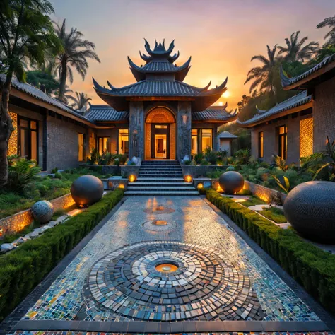 afofuturism，Tribal style villa，Postmodern，external garden, tribal sculpture、mosaic stone road,the sunset,