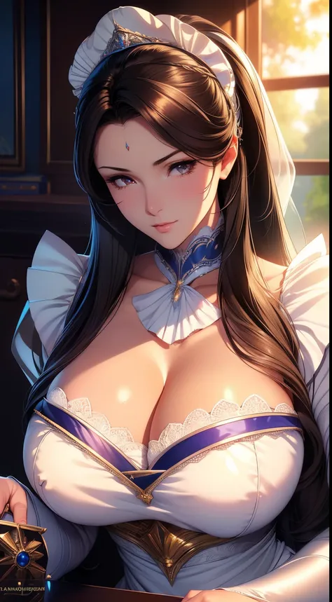 (masterpiece, best quality, ultra high res, beautiful detailed hair detailed face, perfect feminine face, sharp focus), costume, (close-up potrait:1.2), face focus, a beautiful and cute maid girl and glowing silver ponytail hair, (frills and lace maid cost...