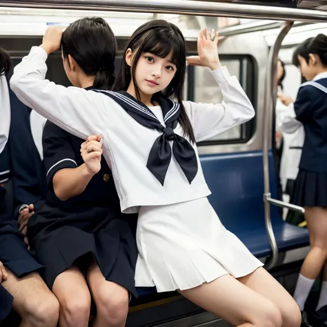 Several men hugging her in a crowded train、 Hug her from behind and speak in her ear、Another man picked her up on his lap、Pick her up、Old man leaning on his back and picking her up、Poses variadas、a sailor suit、Miniskirt sways、a picture、​masterpiece、top-qua...