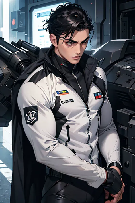 man, masculine man, black hair, muscular man, futuristic clothes, tight suit, black suit, military suit, charming