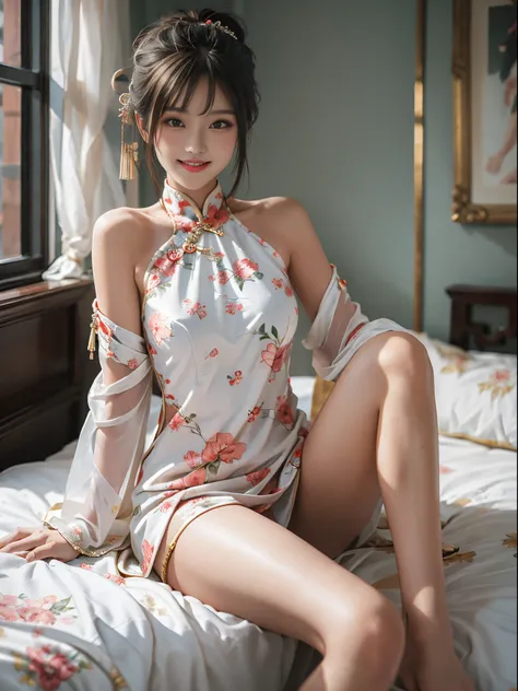 (knee shot),Pretty girl, young female model, Sweet maiden, Special clothes43,hair bun,china dress,hair ornament, inside in room, Antique ornaments, Lying in bed, Cross ed leg, tmasterpiece, best qualtiy, Extremely detailed description, Ultra-fine painting,...