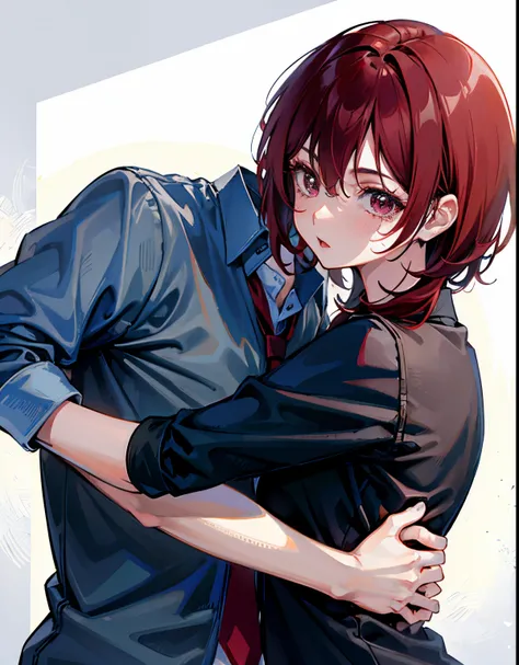 A teenager with short dark red hair is hugging the character Muichiro Tokito