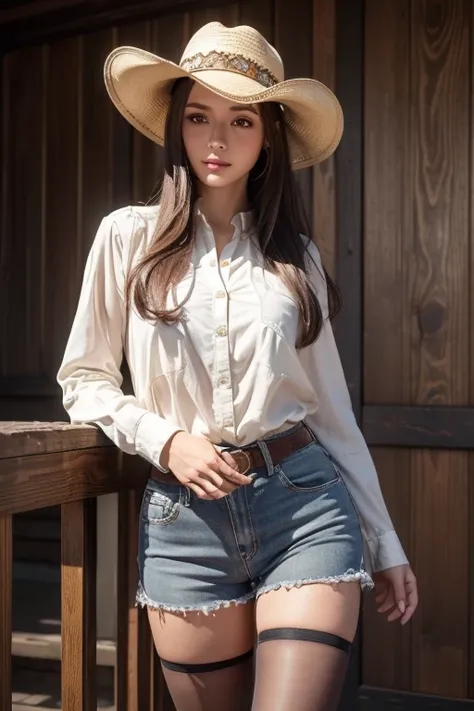 (best quality, high resolution, 8k, ultra-detailed, realistic:1.37), cowgirl, cowboy hat, denin shorts over taupe tights